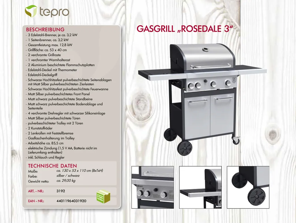 Tepro Gasgrill Rosedale, 3-Brenner Mit Seitenkocher, Max. 12,8 Kw, Grillfläche: 53 X 40 Cm 14 Tepro Gasgrill Rosedale, 3-Brenner Mit Seitenkocher, Max. 12,8 Kw, Grillfläche: 53 X 40 Cm – Bild 12