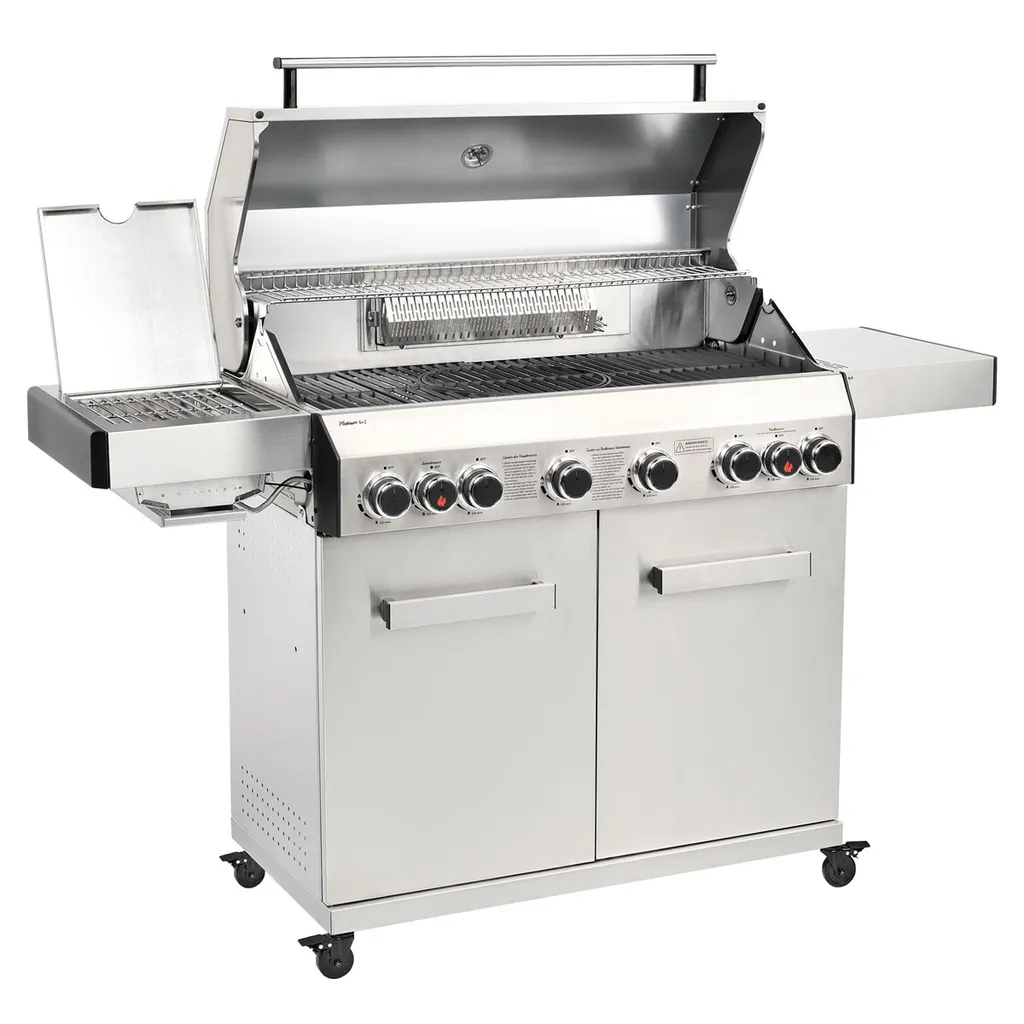 TAINO PLATINUM 6+2 Gasgrill Komplett Edelstahl 6-Brenner Silber Grillwagen BBQ Keramik-Brenner Backburner Sizzle-Zone Piezozündung Seitenkocher Gusseisen-Roste 4 TAINO PLATINUM 6+2 Gasgrill Komplett Edelstahl 6-Brenner Silber Grillwagen BBQ Keramik-Brenner Backburner Sizzle-Zone Piezozündung Seitenkocher Gusseisen-Roste – Bild 2