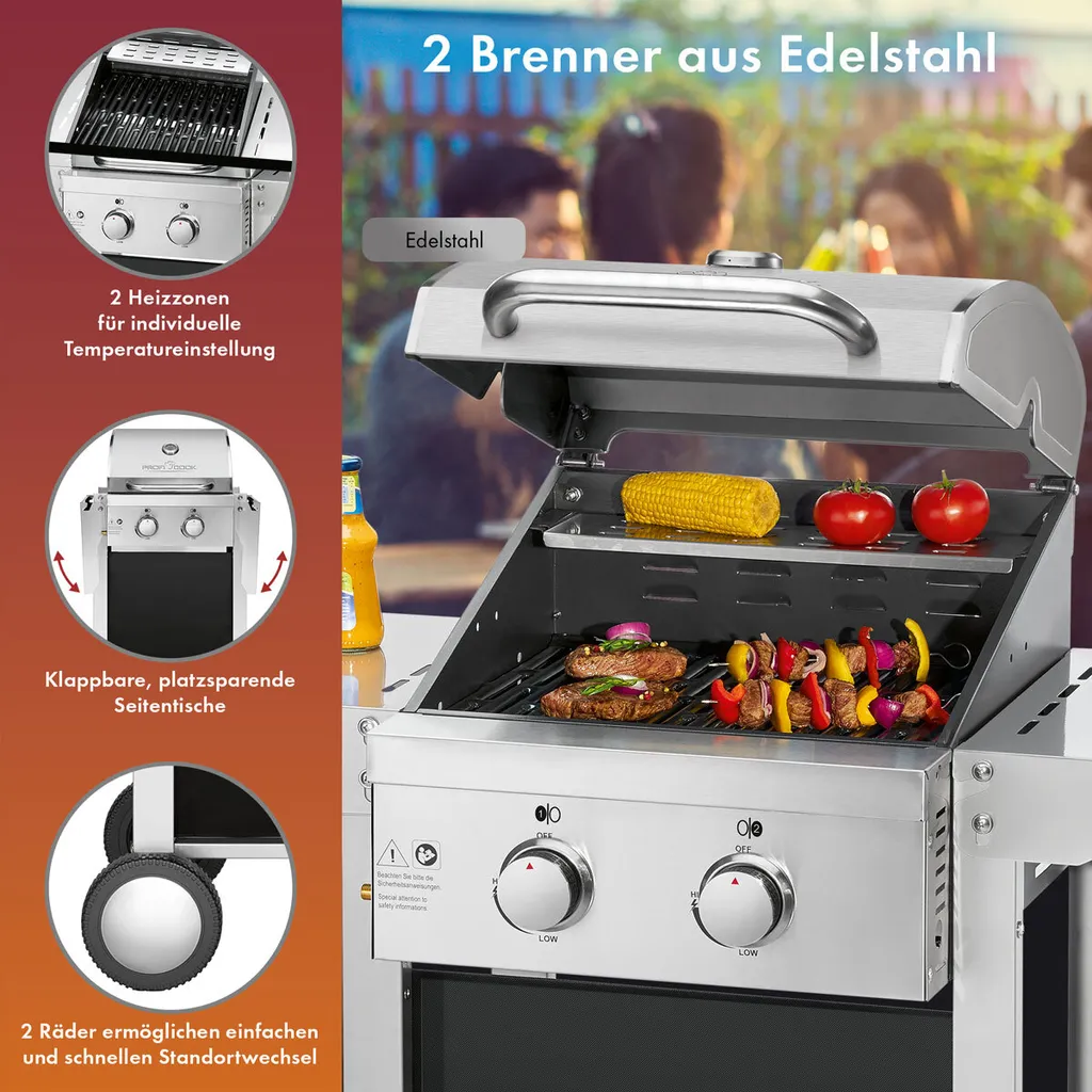 ProfiCook Gasgrill, Mit Klappbaren Seitentischen, 2 Edelstahlbrenner, Stufenlose Temperatursteuerung, Inkl. Temperaturanzeige, Balkon-Grill, Grillfläche: 43 X 39 Cm, PC-GG 1255 5 ProfiCook Gasgrill, Mit Klappbaren Seitentischen, 2 Edelstahlbrenner, Stufenlose Temperatursteuerung, Inkl. Temperaturanzeige, Balkon-Grill, Grillfläche: 43 X 39 Cm, PC-GG 1255 – Bild 3