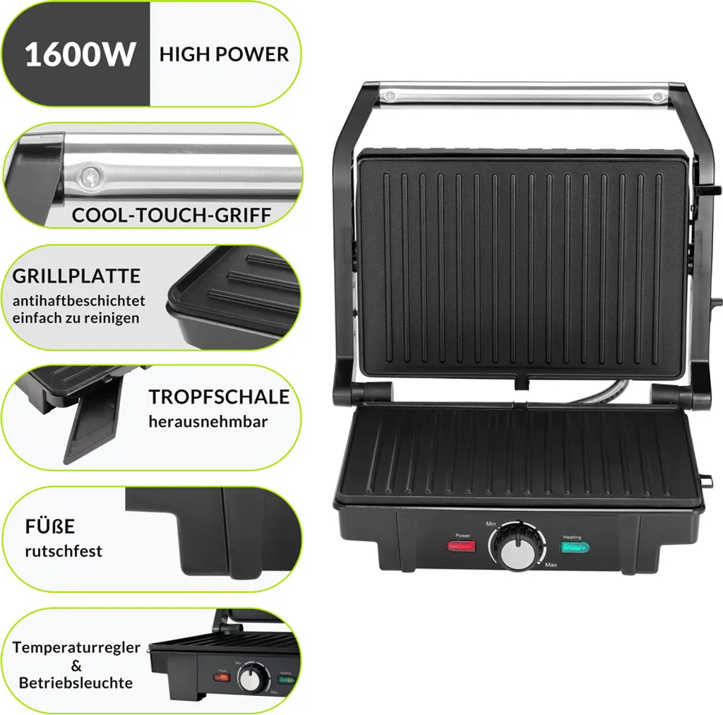 Monzana Kontaktgrill XL 180°C Klappbar Antihaftbeschichtung Edelstahl Temperaturkontrolle 1600W Tischgrill Sandwich Maker 11 Monzana Kontaktgrill XL 180°C Klappbar Antihaftbeschichtung Edelstahl Temperaturkontrolle 1600W Tischgrill Sandwich Maker – Bild 9