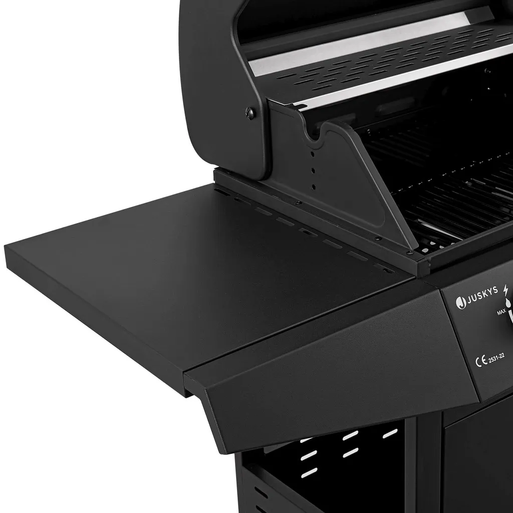 Juskys BBQ Gasgrill Louisiana 8,1 KW Mit 3 Brenner, Grillrost, Deckel Mit Thermometer, Warmhalterost & Seitenablagen – Grillwagen Mit Stahl Korpus 17 Juskys BBQ Gasgrill Louisiana 8,1 KW Mit 3 Brenner, Grillrost, Deckel Mit Thermometer, Warmhalterost & Seitenablagen – Grillwagen Mit Stahl Korpus – Bild 15