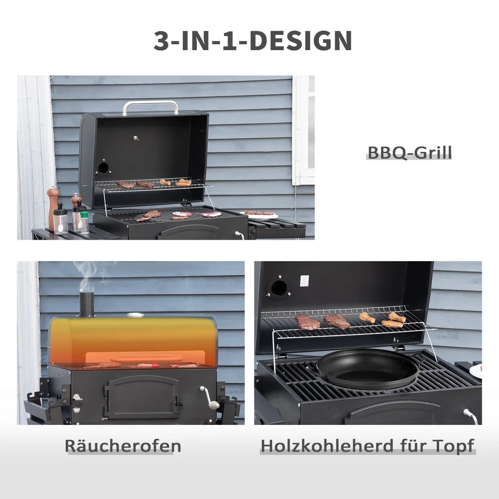 HOMCOM Outsunny Holzkohlegrill BBQ Gartengrill Mit Deckel Und Ablagen Metall Smoker BBQ Warmhalteplatte Regale Gartenparty Transportrollen Schwarz 124 X 66 X 112 Cm 6 HOMCOM Outsunny Holzkohlegrill BBQ Gartengrill Mit Deckel Und Ablagen Metall Smoker BBQ Warmhalteplatte Regale Gartenparty Transportrollen Schwarz 124 X 66 X 112 Cm – Bild 4