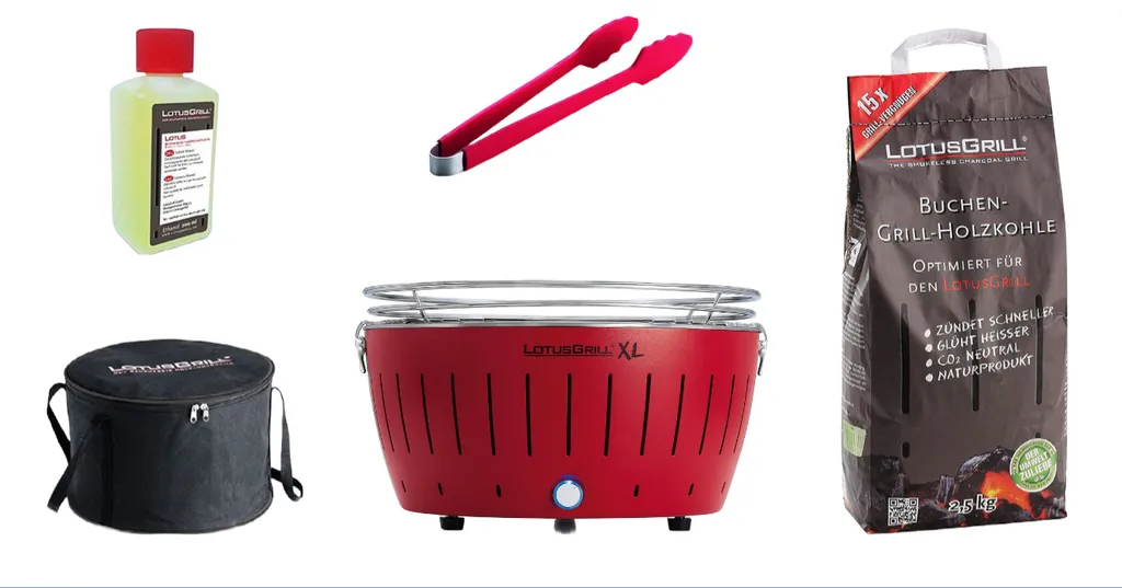LotusGrill XL Starter-Set 1x XL Grill Feuerrot Mit USB-Anschluß, 1x Buchenholzkohle 2,5 Kg, 1x Brennpaste 200ml, 1x Zange, 1x Transport-Tragetasche XL - Der Raucharme Holzkohlegrill 3 LotusGrill XL Starter-Set 1x XL Grill Feuerrot Mit USB-Anschluß, 1x Buchenholzkohle 2,5 Kg, 1x Brennpaste 200ml, 1x Zange, 1x Transport-Tragetasche XL - Der Raucharme Holzkohlegrill
