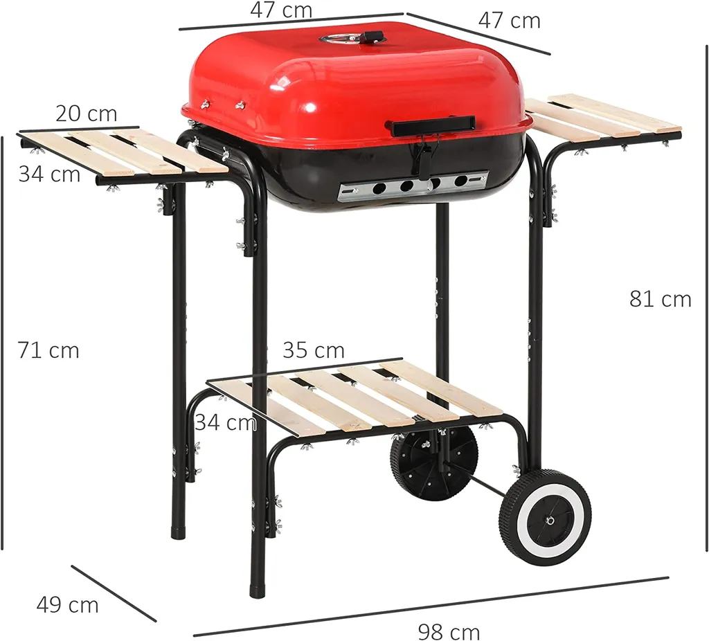 Outsunny Kohlegrill Grillwagen Grillstation Standgrill Mit Windschutz 3 X Ablagefach Metall Rot 98 X 49 X 81 Cm 4 Outsunny Kohlegrill Grillwagen Grillstation Standgrill Mit Windschutz 3 X Ablagefach Metall Rot 98 X 49 X 81 Cm – Bild 2