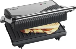 Bestron Kontaktgrill Mit Auffangschale, Sandwichmaker Mit Cool-Touch-Handgriff, 180° Aufklappbar & Mit Antihaftbeschichtung, 750 Watt, APG150, Farbe: Silber/Schwarz