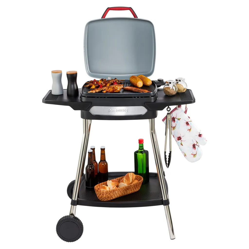 MEDION Elektrogrill (Standgrill, Tischgrill, Grillwagen, Für Balkon Garten Camping, Mit Deckel, 2 Seitentische, 2000 Watt, Antihaftbeschichtung, Rollen, Fettauffangschale, MD10864) 7 MEDION Elektrogrill (Standgrill, Tischgrill, Grillwagen, Für Balkon Garten Camping, Mit Deckel, 2 Seitentische, 2000 Watt, Antihaftbeschichtung, Rollen, Fettauffangschale, MD10864) – Bild 5