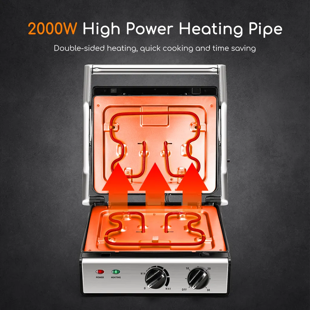 Aigostar Kontaktgrill, Sandwichmaker, 180° Aufklappbar Als Tischgrill, Panini Grill Mit Abnehmbaren Platten, Regelbarer Thermostat &Timer, Antihaftbeschichtet, 2000W 14 Aigostar Kontaktgrill, Sandwichmaker, 180° Aufklappbar Als Tischgrill, Panini Grill Mit Abnehmbaren Platten, Regelbarer Thermostat &Timer, Antihaftbeschichtet, 2000W – Bild 12