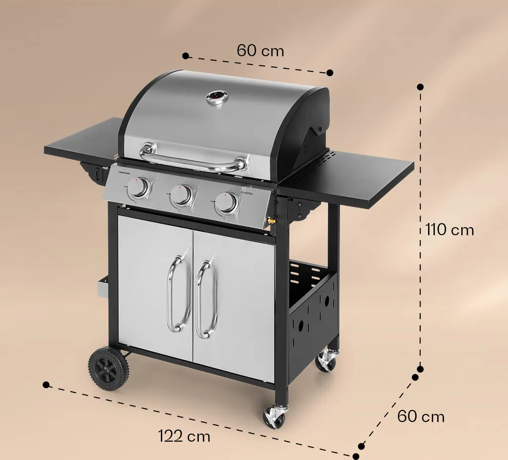 Klarstein Gasgrill Mit Großer Grillfläche, Gasgrill Mit 3 Brenner, 10,8 KW Edelstahl-Gasgrill, BBQ Gasgrill Für Balkon & Garten, Grill Für Propangas, Gasgrills Mit Seitentischen & Thermometer 9 Klarstein Gasgrill Mit Großer Grillfläche, Gasgrill Mit 3 Brenner, 10,8 KW Edelstahl-Gasgrill, BBQ Gasgrill Für Balkon & Garten, Grill Für Propangas, Gasgrills Mit Seitentischen & Thermometer – Bild 7