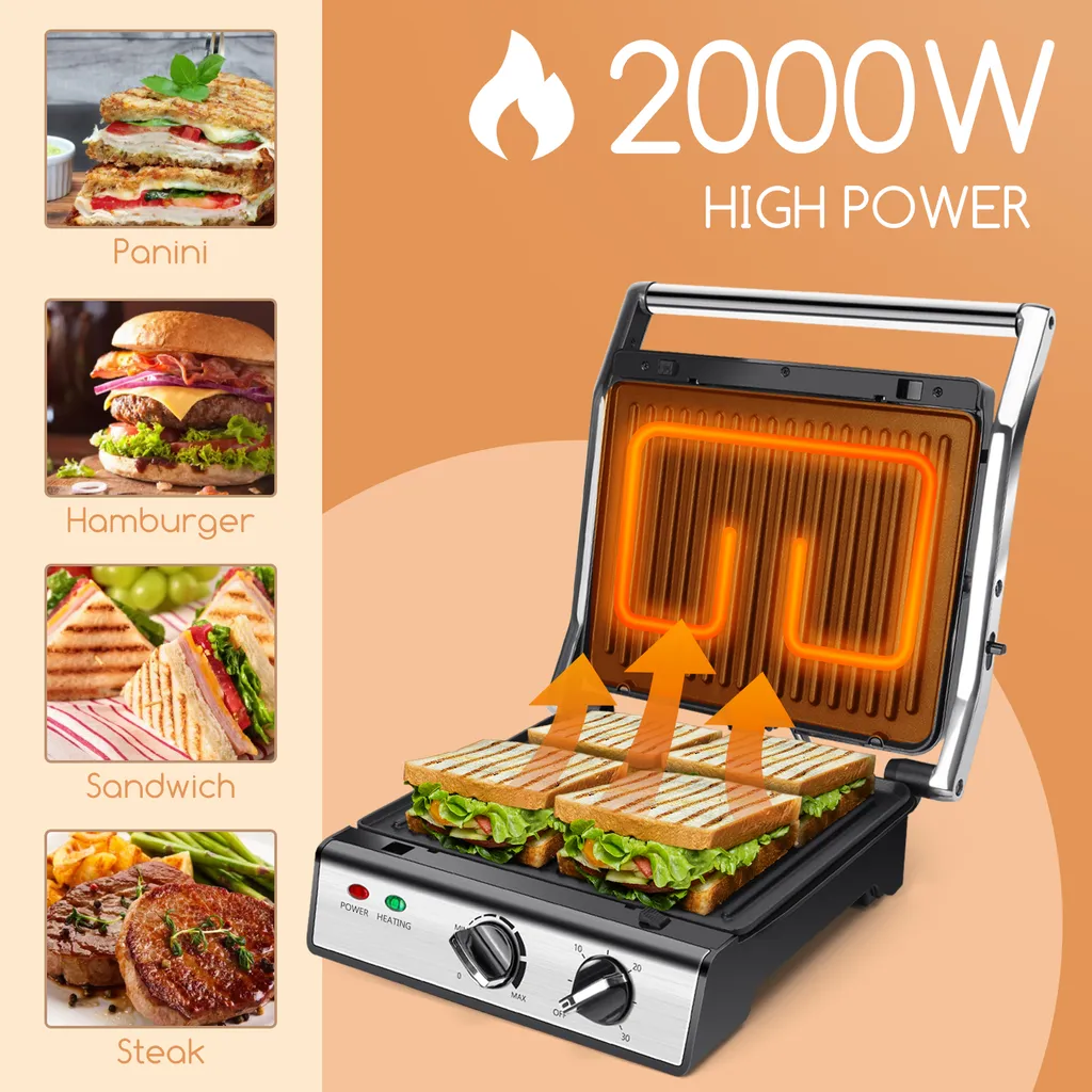 Aigostar Kontaktgrill, Sandwichmaker, 180° Aufklappbar Als Tischgrill, Panini Grill Mit Abnehmbaren Platten, Regelbarer Thermostat &Timer, Antihaftbeschichtet, 2000W 4 Aigostar Kontaktgrill, Sandwichmaker, 180° Aufklappbar Als Tischgrill, Panini Grill Mit Abnehmbaren Platten, Regelbarer Thermostat &Timer, Antihaftbeschichtet, 2000W – Bild 2