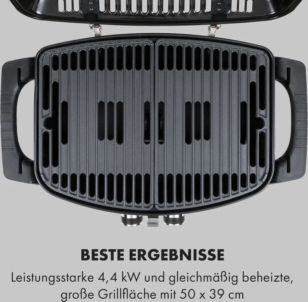 Klarstein Parforce Duo Gasgrill BBQ-Gasgrill Mit 4,4kW - 2 Brenner, Bis 300 °C, Gastyp: Butan/Propan, Edelstahl, 15000 BTU, Elektrische Zündung, 50 X 39 Cm Große Grillfläche, Deckel, Schwarz 6 Klarstein Parforce Duo Gasgrill BBQ-Gasgrill Mit 4,4kW - 2 Brenner, Bis 300 °C, Gastyp: Butan/Propan, Edelstahl, 15000 BTU, Elektrische Zündung, 50 X 39 Cm Große Grillfläche, Deckel, Schwarz – Bild 4