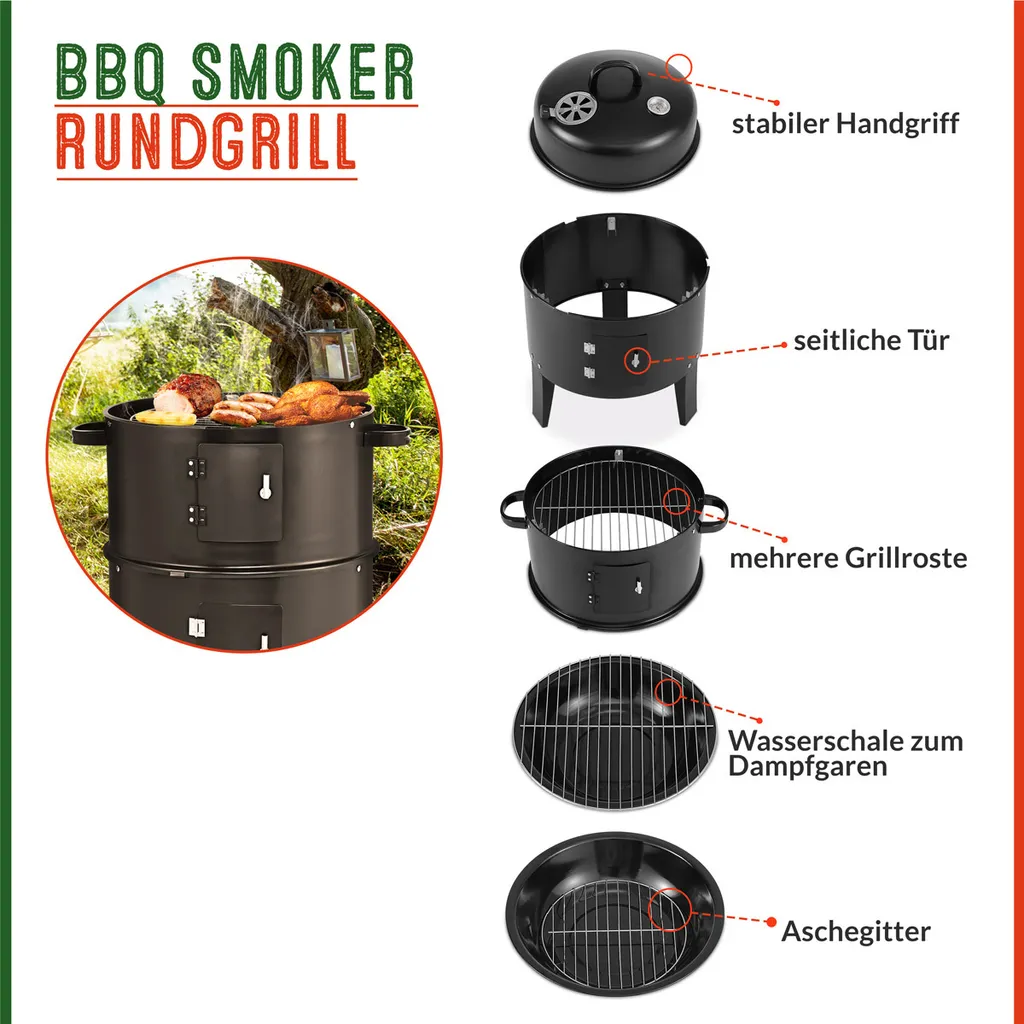 Deuba 3in1 Smoker Inkl. Thermometer Leichter Transport Räucherofen Holzkohlegrill BBQ Rundgrill Räuchertonne 8 Deuba 3in1 Smoker Inkl. Thermometer Leichter Transport Räucherofen Holzkohlegrill BBQ Rundgrill Räuchertonne – Bild 6