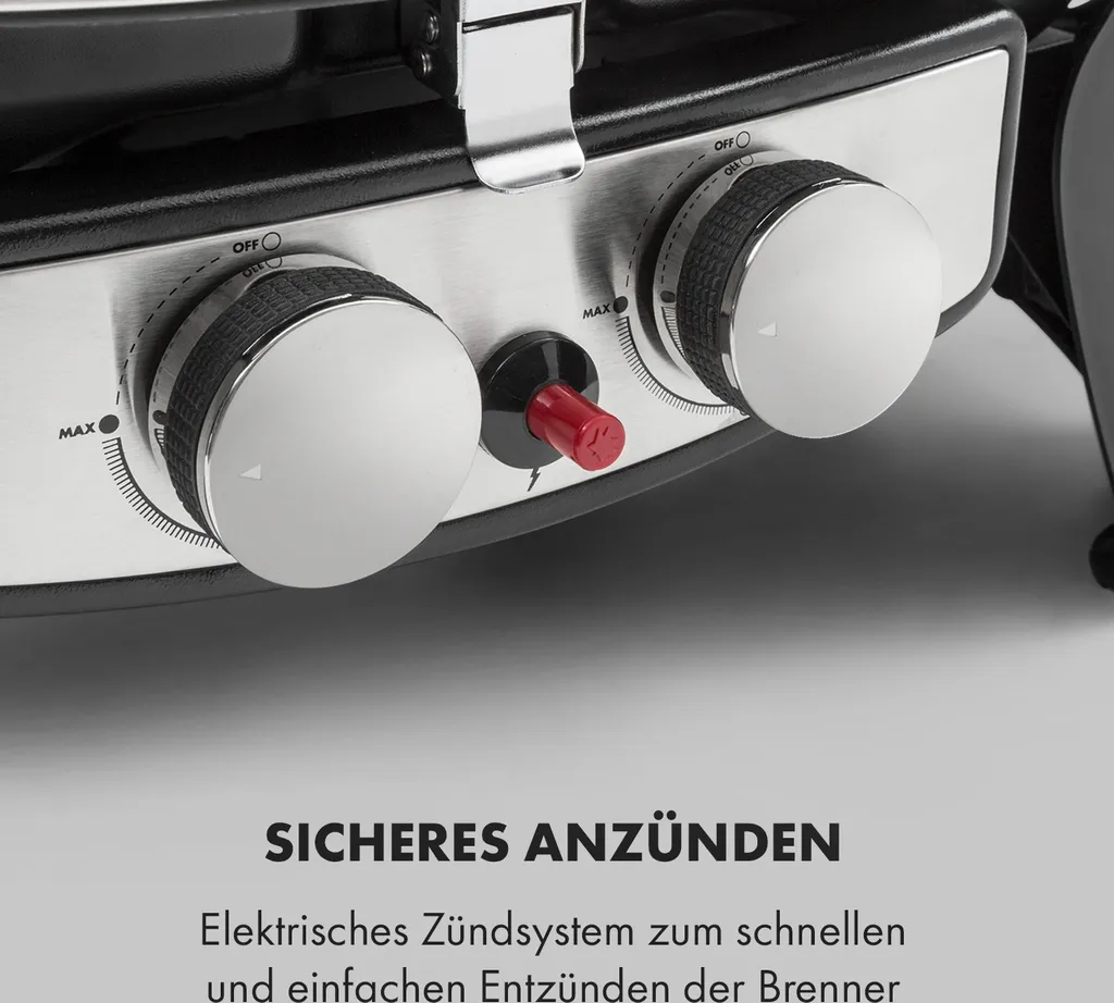Klarstein Parforce Duo Gasgrill BBQ-Gasgrill Mit 4,4kW - 2 Brenner, Bis 300 °C, Gastyp: Butan/Propan, Edelstahl, 15000 BTU, Elektrische Zündung, 50 X 39 Cm Große Grillfläche, Deckel, Schwarz 10 Klarstein Parforce Duo Gasgrill BBQ-Gasgrill Mit 4,4kW - 2 Brenner, Bis 300 °C, Gastyp: Butan/Propan, Edelstahl, 15000 BTU, Elektrische Zündung, 50 X 39 Cm Große Grillfläche, Deckel, Schwarz – Bild 8
