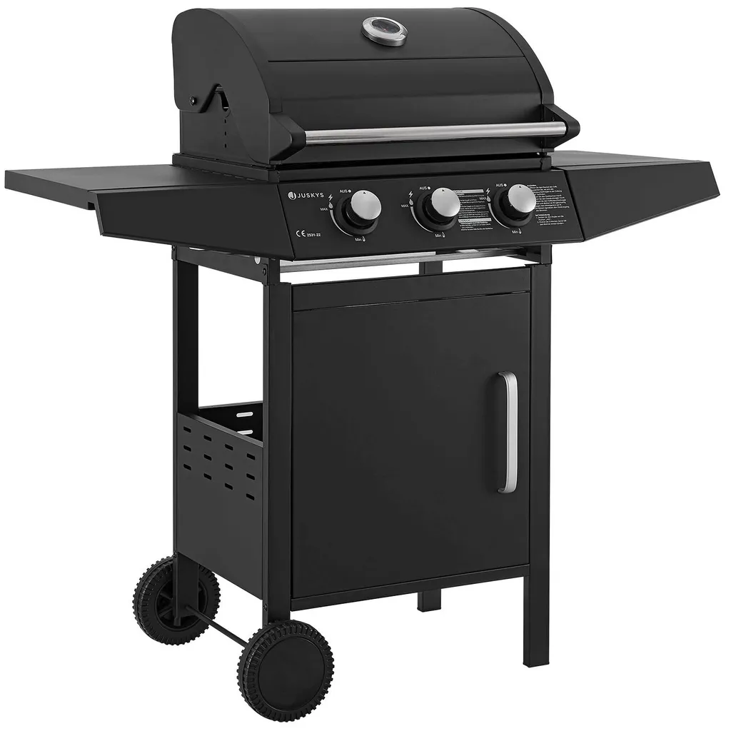 Juskys BBQ Gasgrill Louisiana 8,1 KW Mit 3 Brenner, Grillrost, Deckel Mit Thermometer, Warmhalterost & Seitenablagen – Grillwagen Mit Stahl Korpus 3 Juskys BBQ Gasgrill Louisiana 8,1 KW Mit 3 Brenner, Grillrost, Deckel Mit Thermometer, Warmhalterost & Seitenablagen – Grillwagen Mit Stahl Korpus