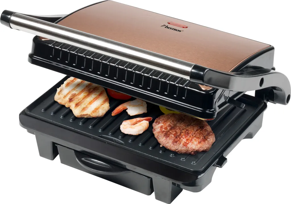 Bestron Elektrischer Kontaktgrill Mit Auffangschale, Sandwichmaker Mit Cool-Touch-Handgriff & Antihaftbeschichtung, Paninimaker Mit 1000 Watt, ASW113CO, Farbe: Kupfer 4 Bestron Elektrischer Kontaktgrill Mit Auffangschale, Sandwichmaker Mit Cool-Touch-Handgriff & Antihaftbeschichtung, Paninimaker Mit 1000 Watt, ASW113CO, Farbe: Kupfer – Bild 2