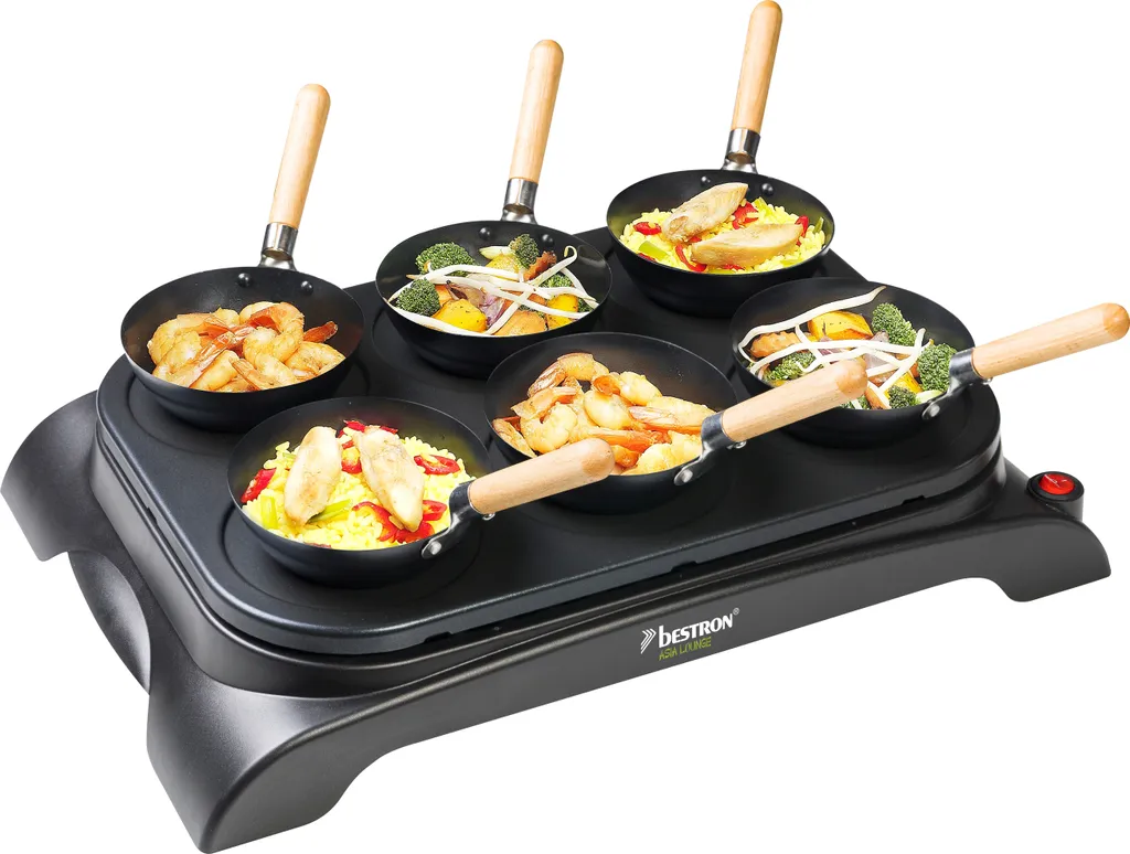 Bestron Elektrisches Party-Wok-Set, Tischgrill Mit Mini Wok Pfannen Für 6 Personen, Inkl. 6 Holzspatel & 1 Schöpflöffel, 1000 Watt, Farbe: Schwarz 3 Bestron Elektrisches Party-Wok-Set, Tischgrill Mit Mini Wok Pfannen Für 6 Personen, Inkl. 6 Holzspatel & 1 Schöpflöffel, 1000 Watt, Farbe: Schwarz