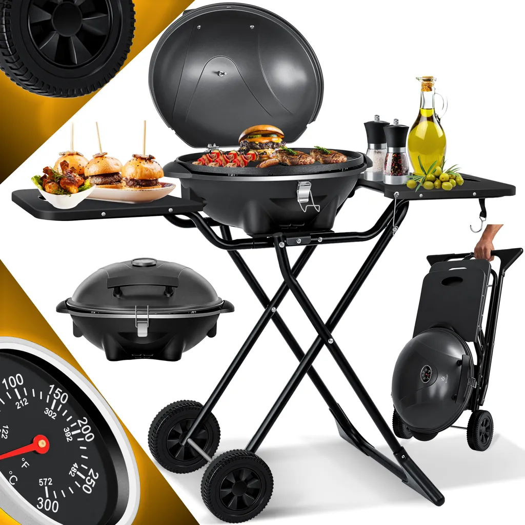 KESSER® Elektrischer Elektrogrill 2in1 Tischgrill - Standgrill Mit Deckel Und Standfuß | Max. 2400 Watt | Faltbar | Thermometer | Antihaftbeschichtung | Grillplatte Abstelltische | 2 Räder | , Farbe:Schwarz 4 KESSER® Elektrischer Elektrogrill 2in1 Tischgrill - Standgrill Mit Deckel Und Standfuß | Max. 2400 Watt | Faltbar | Thermometer | Antihaftbeschichtung | Grillplatte Abstelltische | 2 Räder | , Farbe:Schwarz – Bild 2