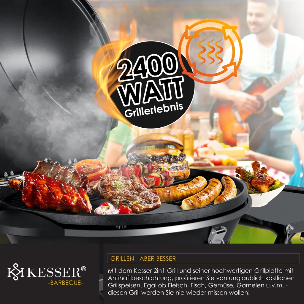 KESSER® Elektrischer Elektrogrill 2in1 Tischgrill - Standgrill Mit Deckel Und Standfuß | Max. 2400 Watt | Faltbar | Thermometer | Antihaftbeschichtung | Grillplatte Abstelltische | 2 Räder | , Farbe:Schwarz 12 KESSER® Elektrischer Elektrogrill 2in1 Tischgrill - Standgrill Mit Deckel Und Standfuß | Max. 2400 Watt | Faltbar | Thermometer | Antihaftbeschichtung | Grillplatte Abstelltische | 2 Räder | , Farbe:Schwarz – Bild 10