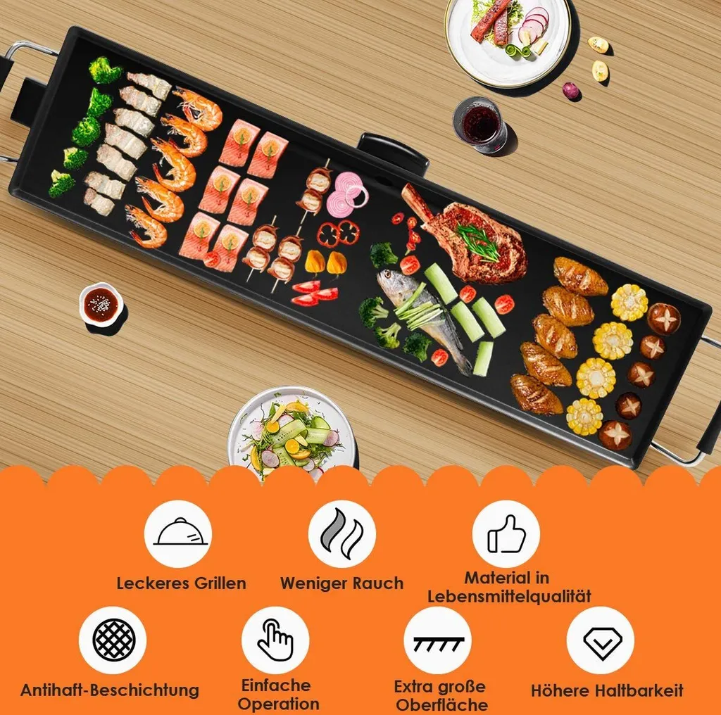 COSTWAY Elektrogrill 90x23cm Elektrische Grillplatte 1800W Mit Antihaftbeschichtung & Verstellbarer Temperatur Indoor BBQ Grill Inkl. 6 Holzspateln Teppanyaki-Grill 6 COSTWAY Elektrogrill 90x23cm Elektrische Grillplatte 1800W Mit Antihaftbeschichtung & Verstellbarer Temperatur Indoor BBQ Grill Inkl. 6 Holzspateln Teppanyaki-Grill – Bild 4