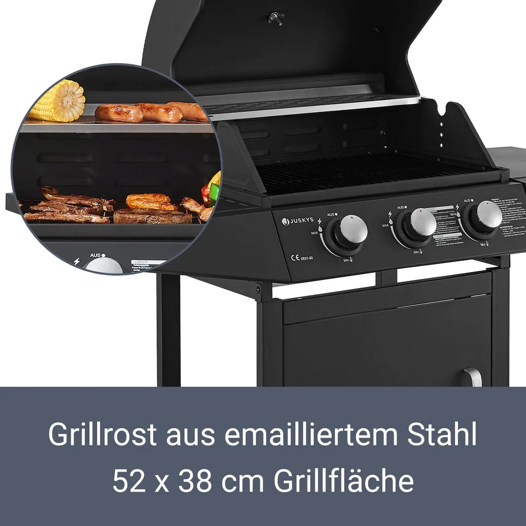 Juskys BBQ Gasgrill Louisiana 8,1 KW Mit 3 Brenner, Grillrost, Deckel Mit Thermometer, Warmhalterost & Seitenablagen – Grillwagen Mit Stahl Korpus 7 Juskys BBQ Gasgrill Louisiana 8,1 KW Mit 3 Brenner, Grillrost, Deckel Mit Thermometer, Warmhalterost & Seitenablagen – Grillwagen Mit Stahl Korpus – Bild 5
