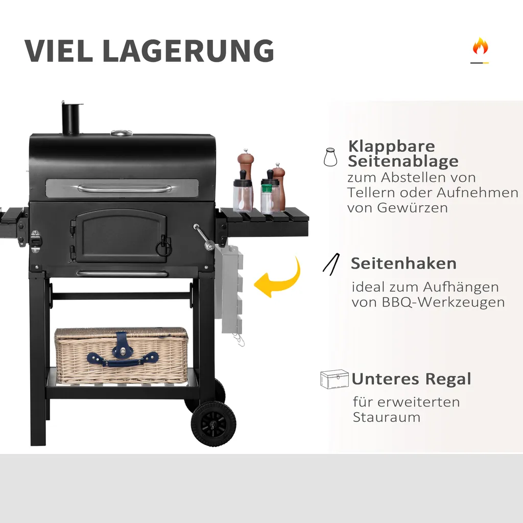 HOMCOM Outsunny Holzkohlegrill BBQ Gartengrill Mit Deckel Und Ablagen Metall Smoker BBQ Warmhalteplatte Regale Gartenparty Transportrollen Schwarz 124 X 66 X 112 Cm 9 HOMCOM Outsunny Holzkohlegrill BBQ Gartengrill Mit Deckel Und Ablagen Metall Smoker BBQ Warmhalteplatte Regale Gartenparty Transportrollen Schwarz 124 X 66 X 112 Cm – Bild 7