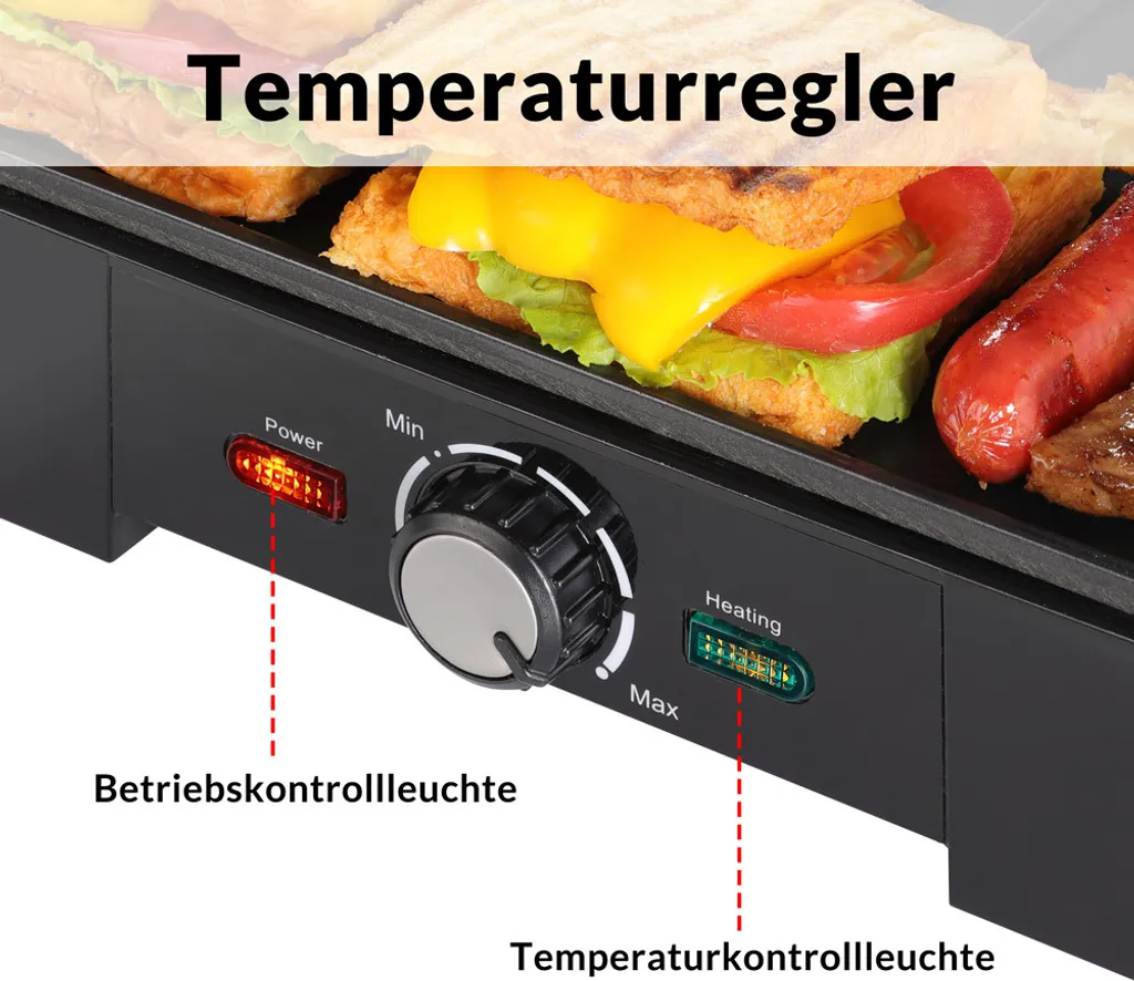 Monzana Kontaktgrill XL 180°C Klappbar Antihaftbeschichtung Edelstahl Temperaturkontrolle 1600W Tischgrill Sandwich Maker 7 Monzana Kontaktgrill XL 180°C Klappbar Antihaftbeschichtung Edelstahl Temperaturkontrolle 1600W Tischgrill Sandwich Maker – Bild 5